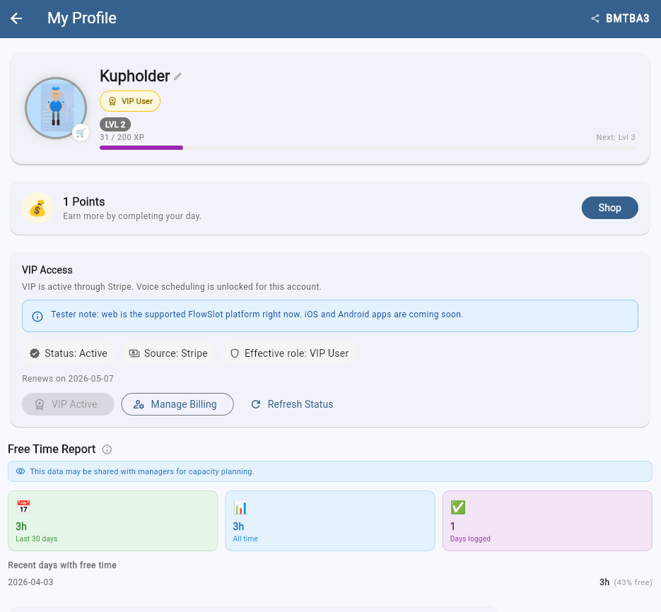 FlowSlot profile overview screen